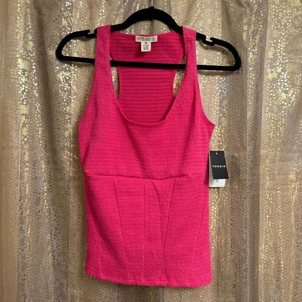 Torrid Festi Hot Pink Smocked Jersey Seamed Corset Tank 00 Med NWT